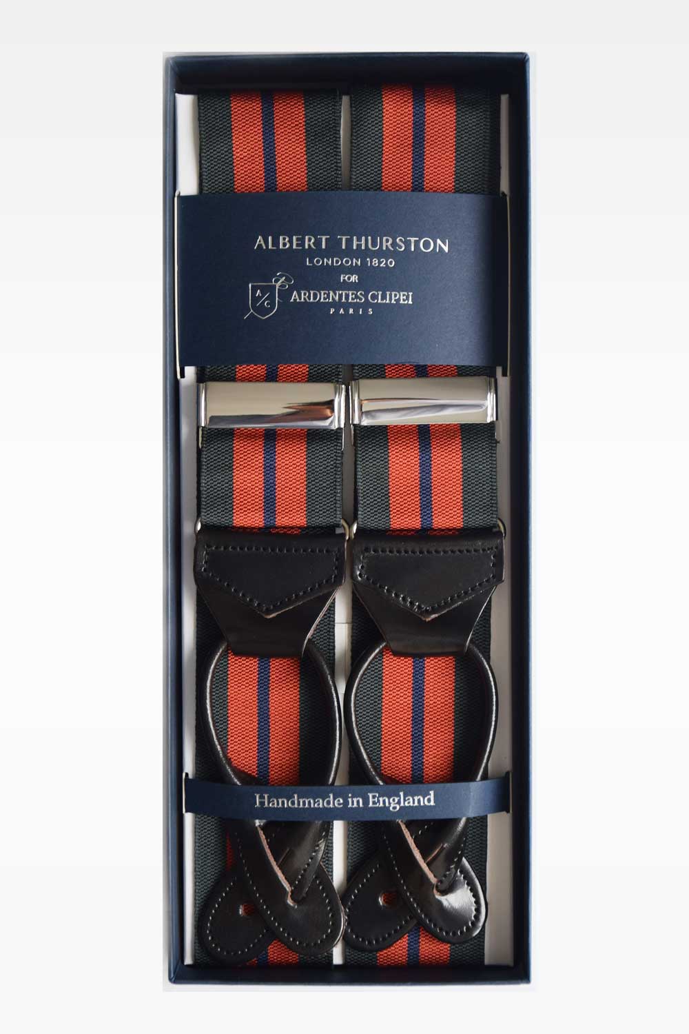 Striped green, orange, and blue suspenders by Albert Thurston featuring adjustable straps and classic design.