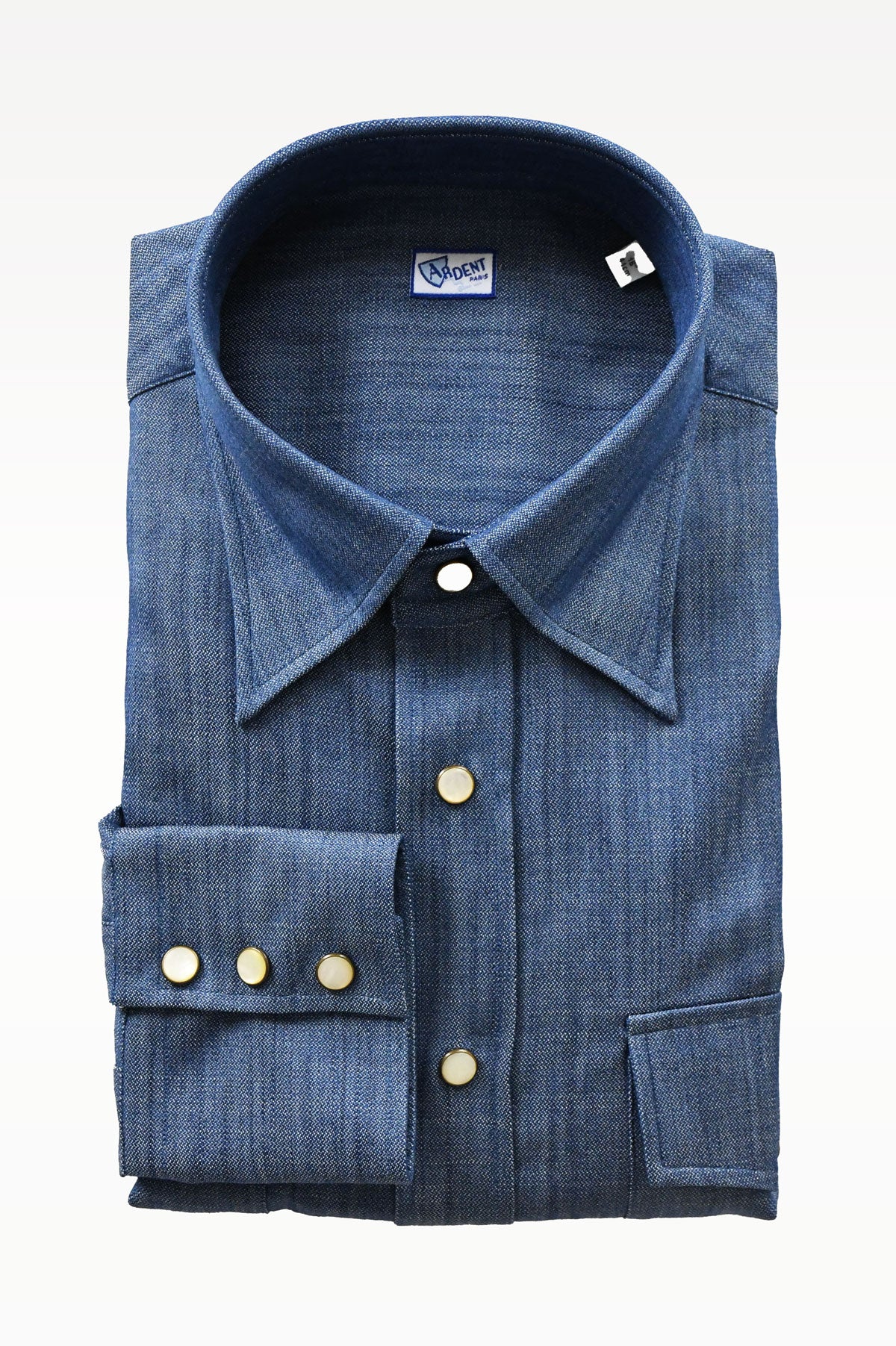 Blue denim Western chemise shirt by Ardentes Clipei, featuring classic Western styling and durable denim fabric.