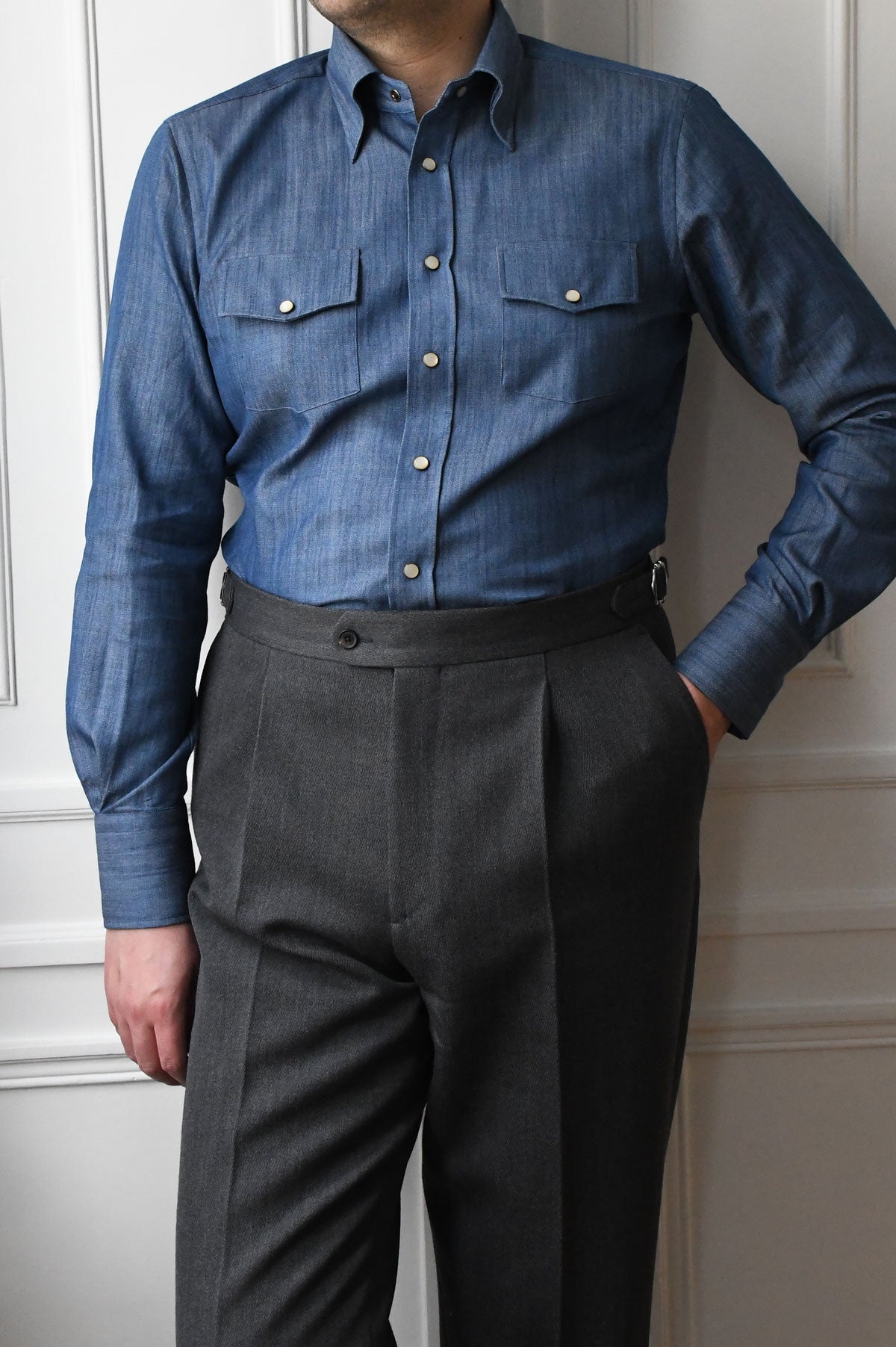 Blue denim Western chemise by Ardentes Clipei, featuring classic Western styling and button details.