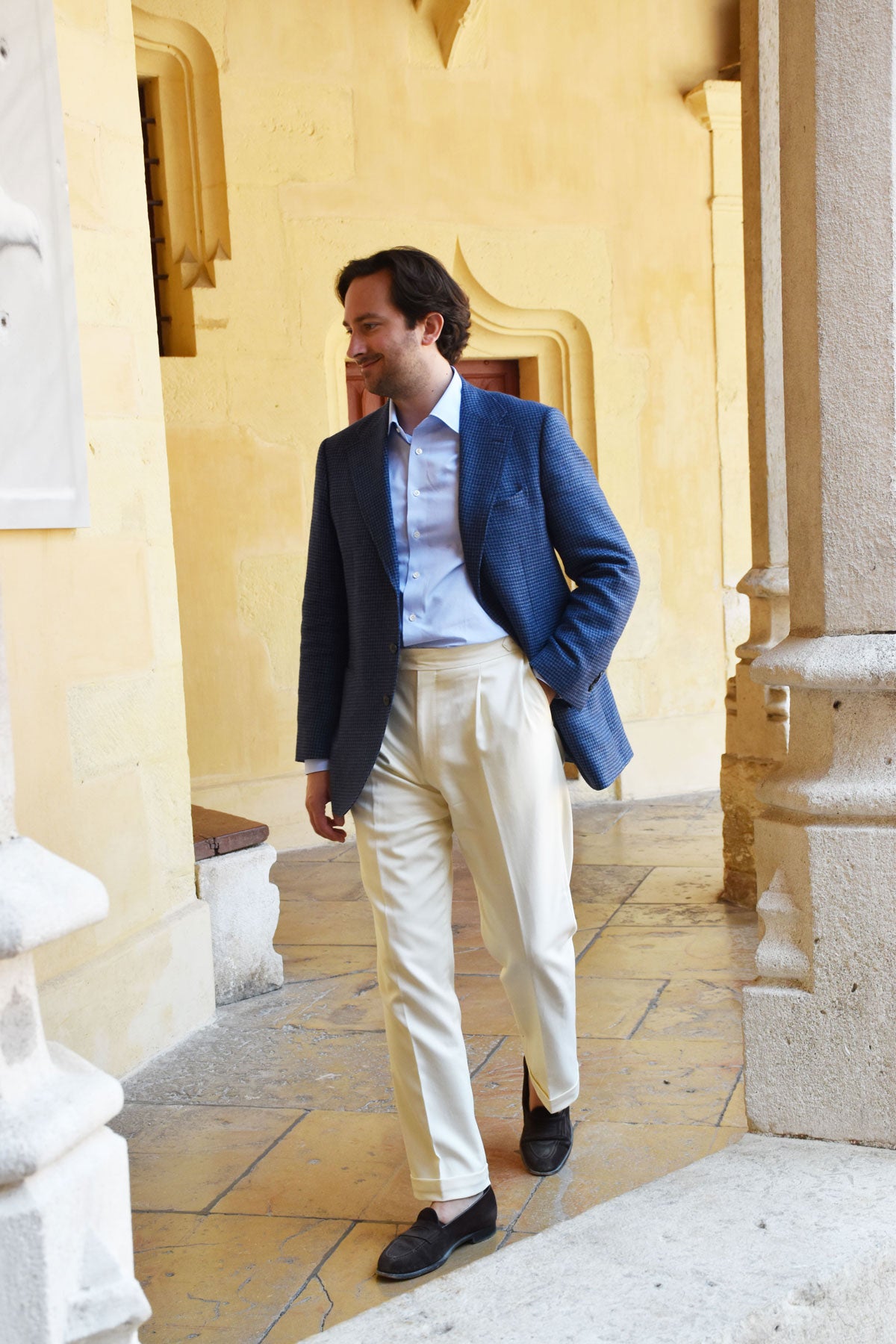 Light blue semi-spread collar chemise shirt by Ardentes Clipei, shown on a model with a relaxed fit and subtle fabric texture.