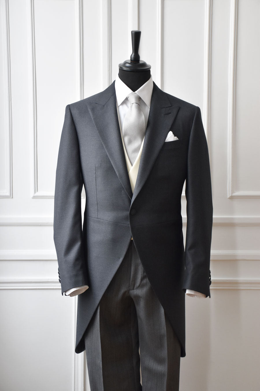 Gray three-piece costume jacket by Ardentes Clipei, featuring detailed design and tailored fit for elegant costume styling.