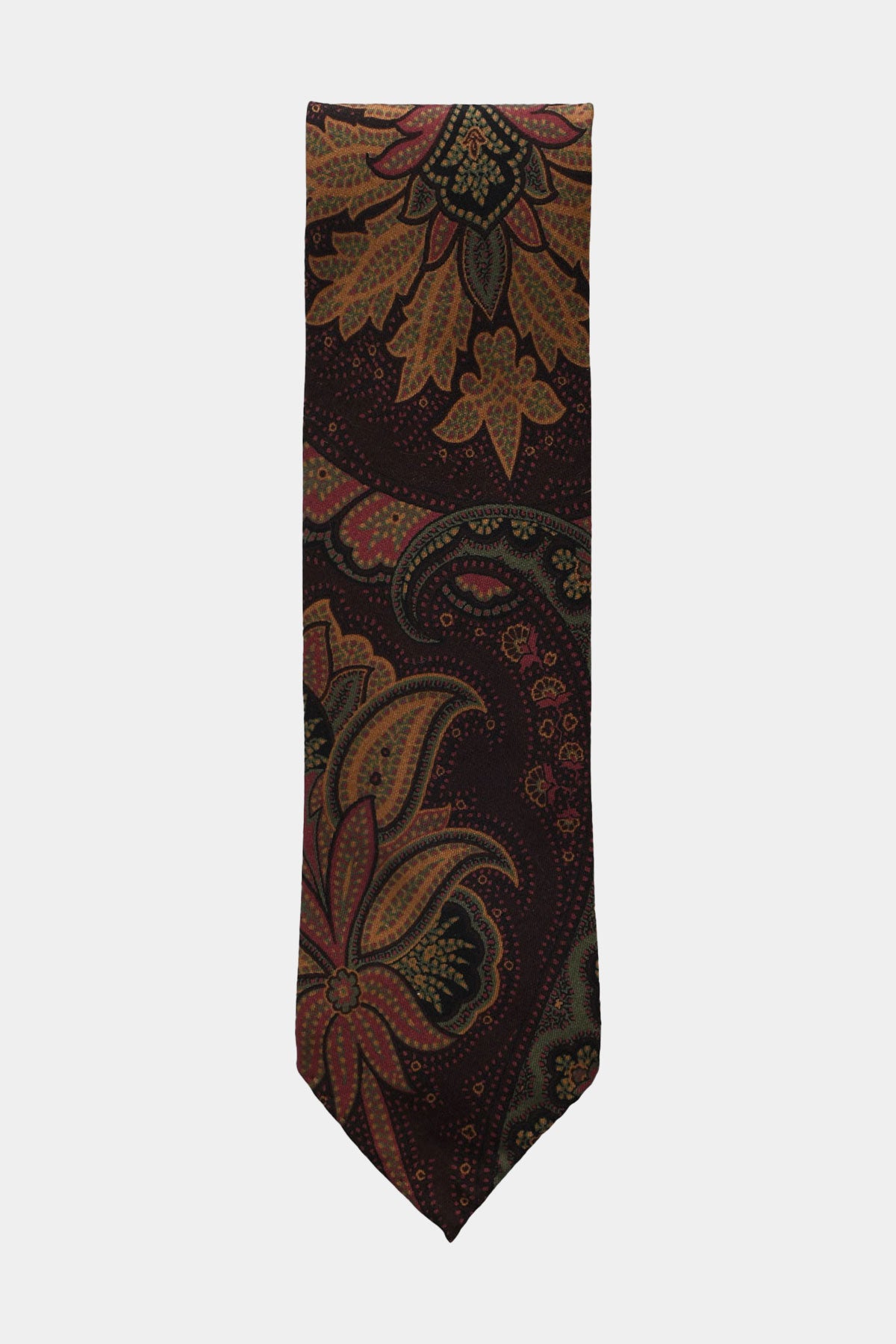 Bordeaux paisley pattern tie from Ardentes Clipei, showcasing intricate red and navy design on smooth fabric.