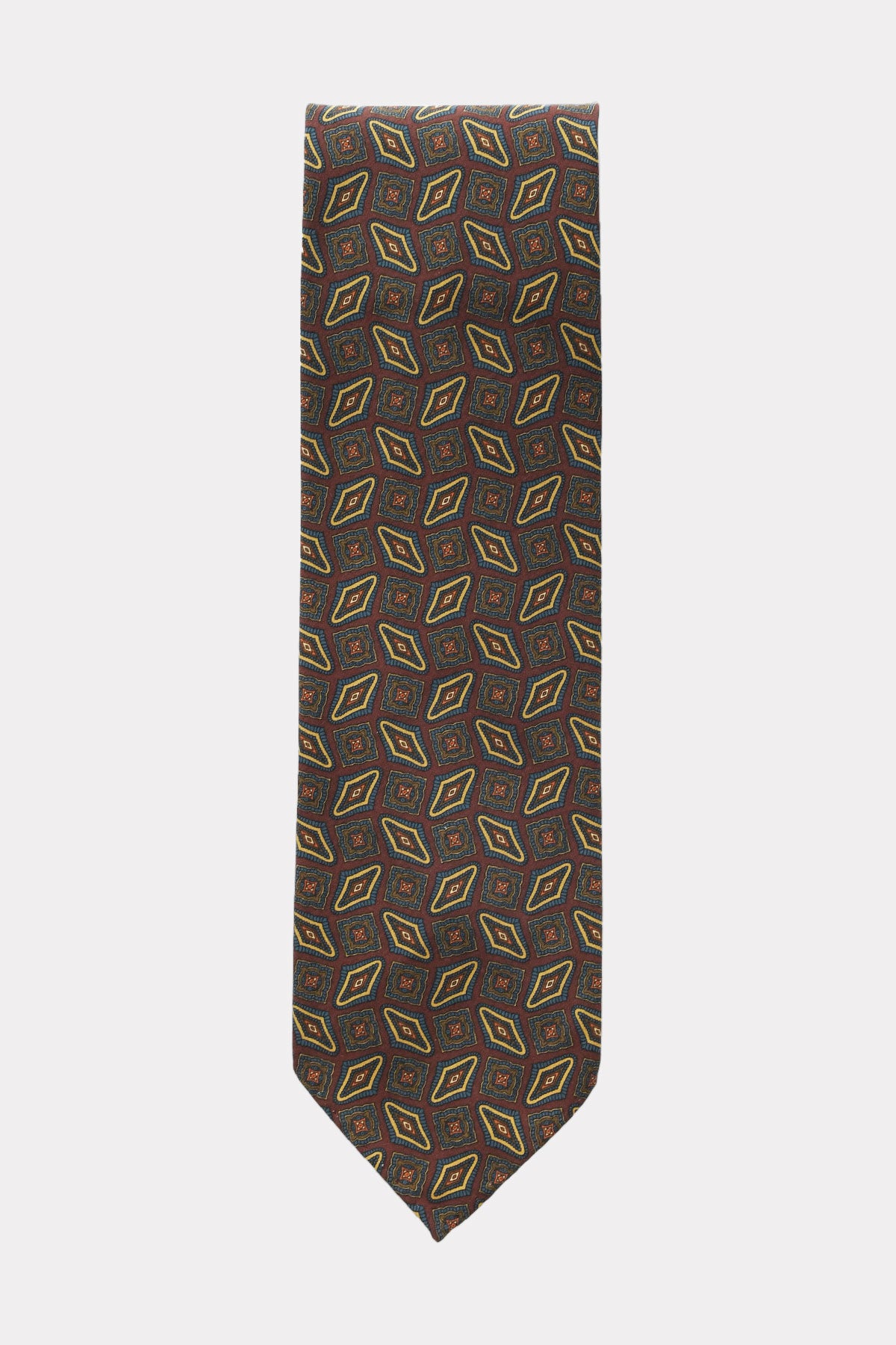 Brown geometric patterned tie from Ardentes Clipei featuring blue and beige motifs, suitable for formal or stylish occasions.