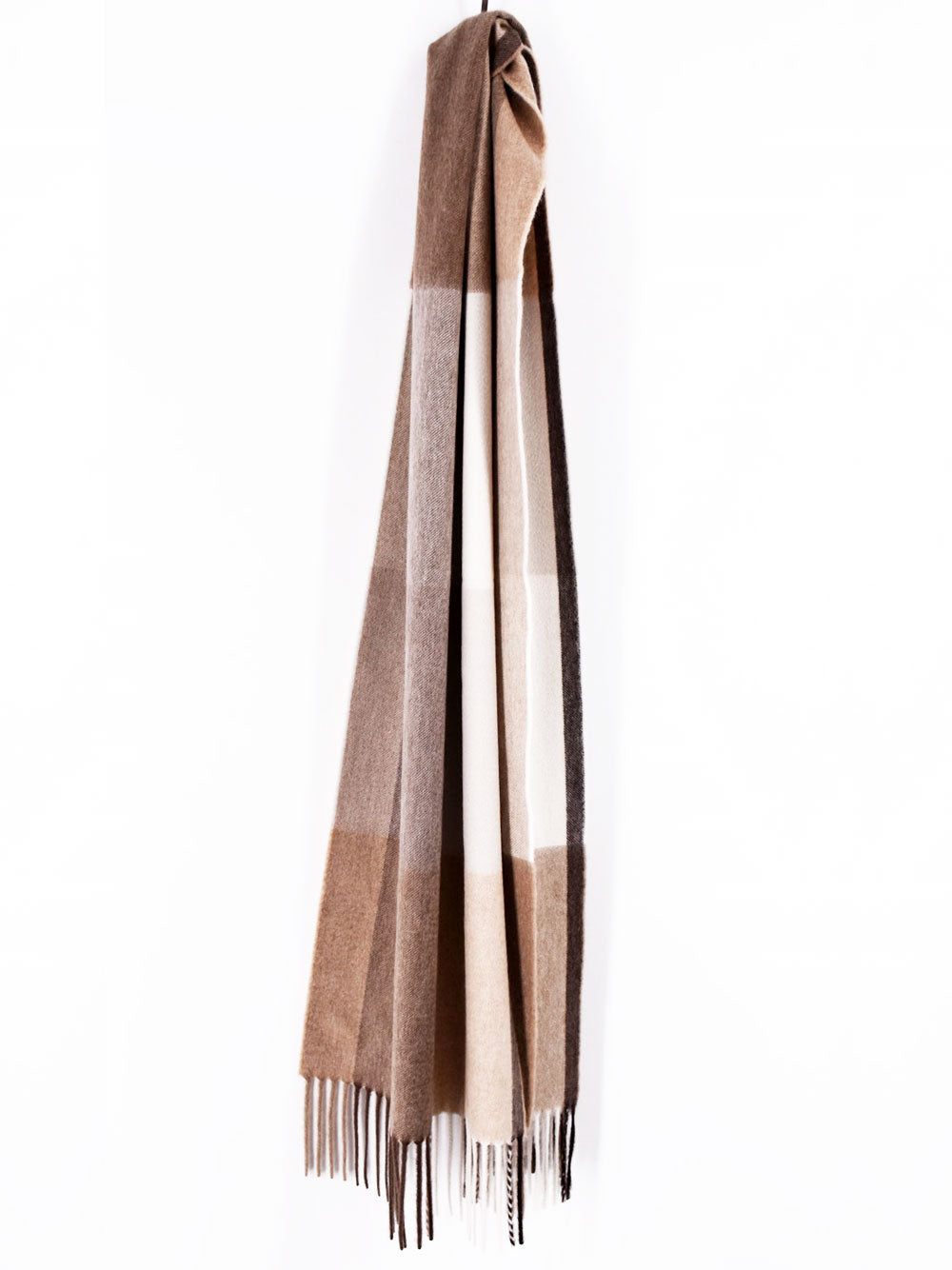 Beige and camel plaid cashmere scarf by Ardentes Clipei featuring soft, cozy fabric and classic checkered pattern.