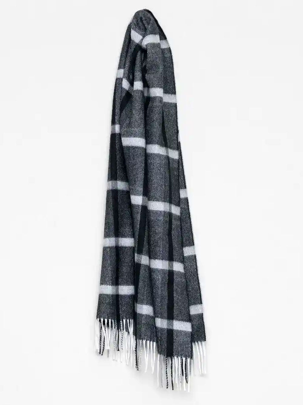 Black plaid wool and angora scarf by Begg & Co, featuring a monochrome checkered pattern for cozy, stylish wear.