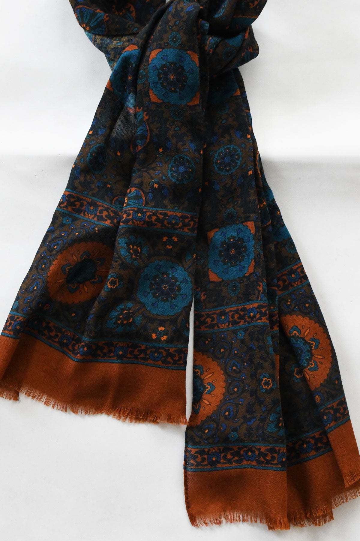Orange ocre botanical motif scarf by Ardentes Clipei, featuring vibrant colors and intricate floral patterns.
