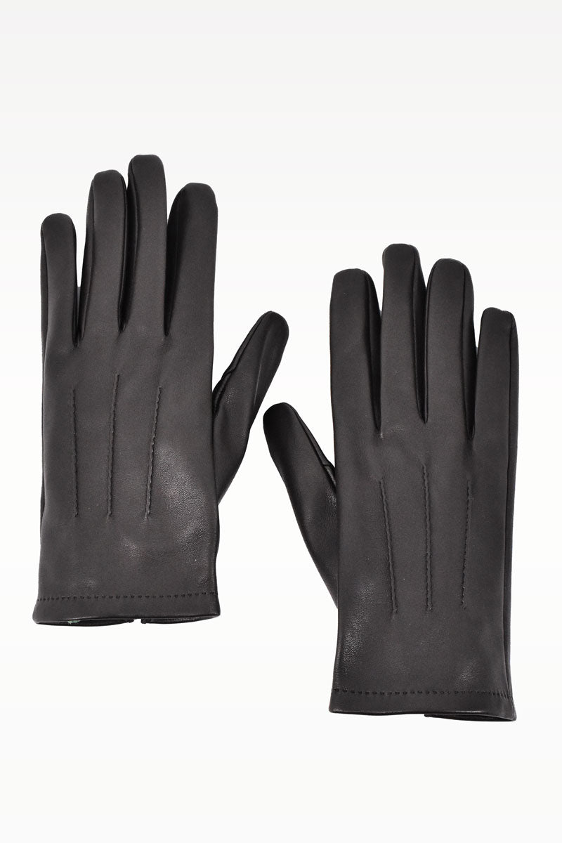 Pair of black lambskin gloves by Lavabre Cadet, showing smooth, glossy leather finish and elegant fit on a model's hands.