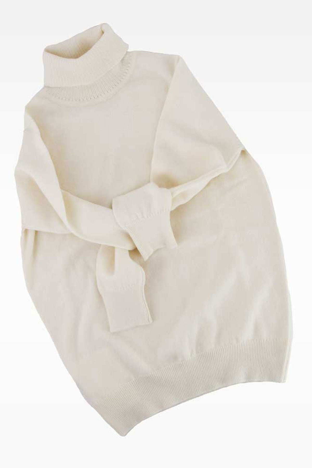 Cream-colored Ardentes Clipei wool knit turtleneck sweater, showing close-up of soft, cozy fabric and classic collar detail.