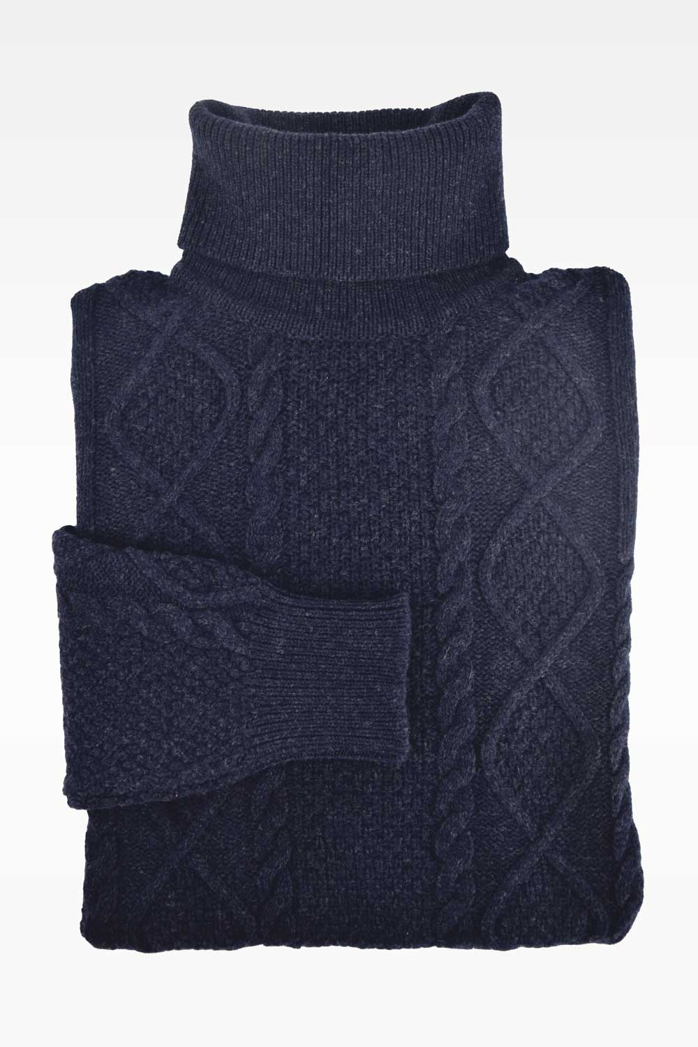Marine blue lambswool turtleneck sweater by Ardentes Clipei, featuring a twisted knit design and classic fit.