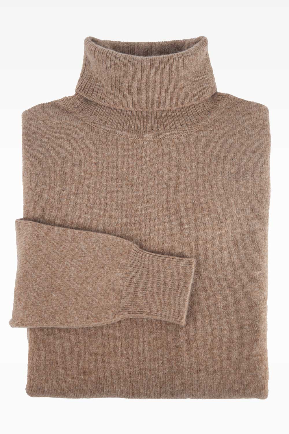 Light brown wool turtleneck sweater by Ardentes Clipei, made from lamb's wool, shown in close-up detail.