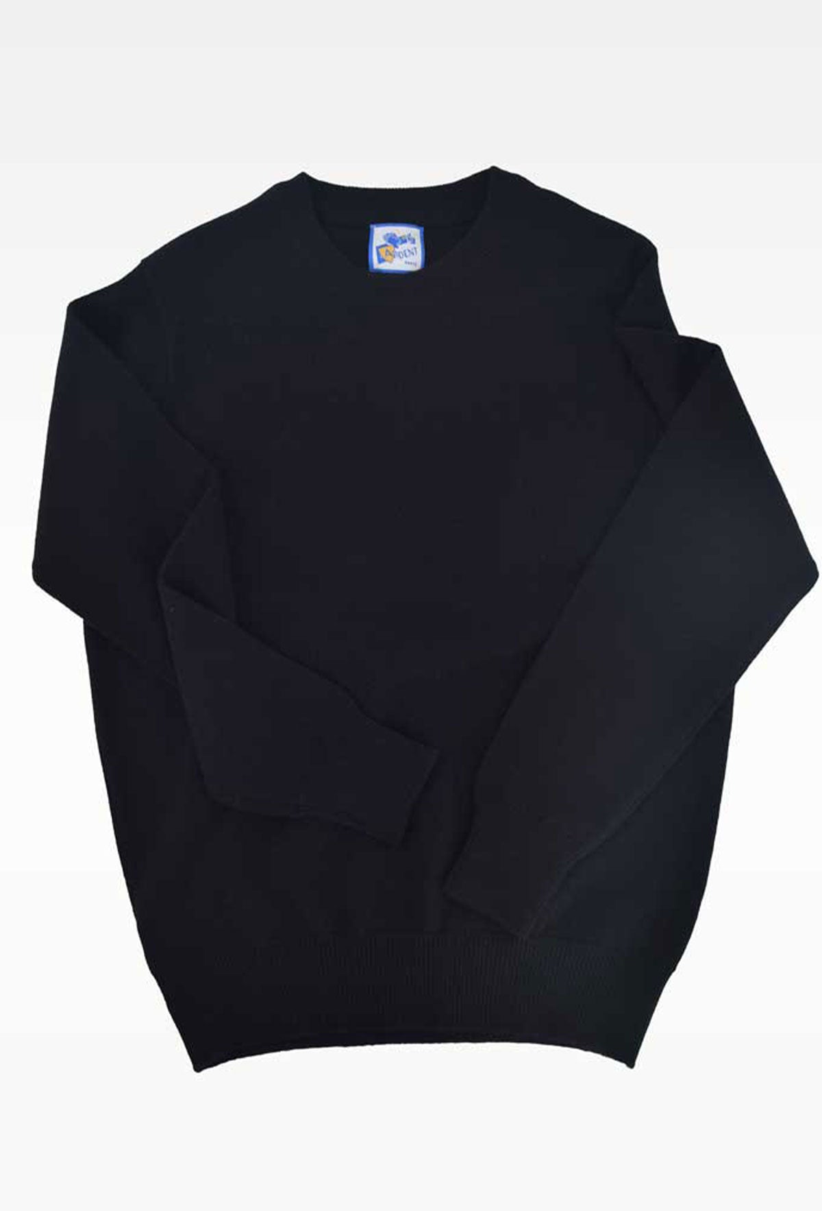 Black wool crew-neck sweater by Ardentes Clipei, made from soft lamb's wool, shown in a close-up view.