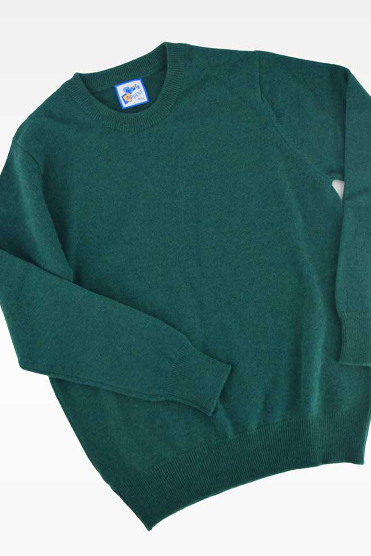 Green wool crew neck sweater by Ardentes Clipei, featuring a classic round collar and soft lamb's wool material.