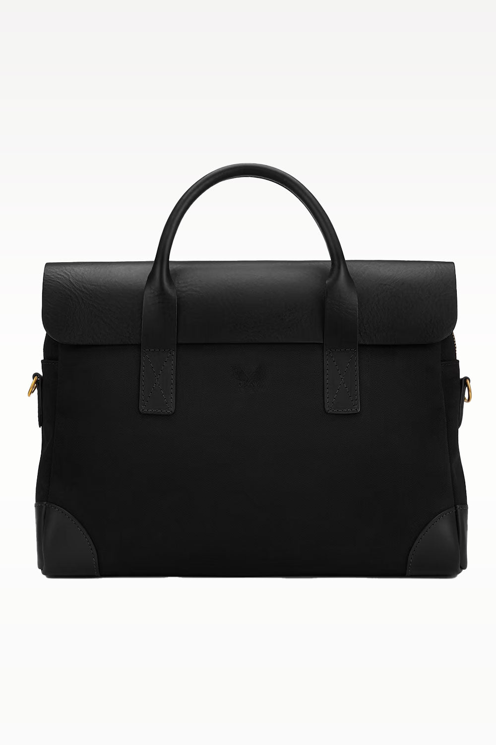 Black Bennett Winch leather briefcase from Ardentes Clipei, featuring a sleek marquinerie design with sturdy handles and polished finish.