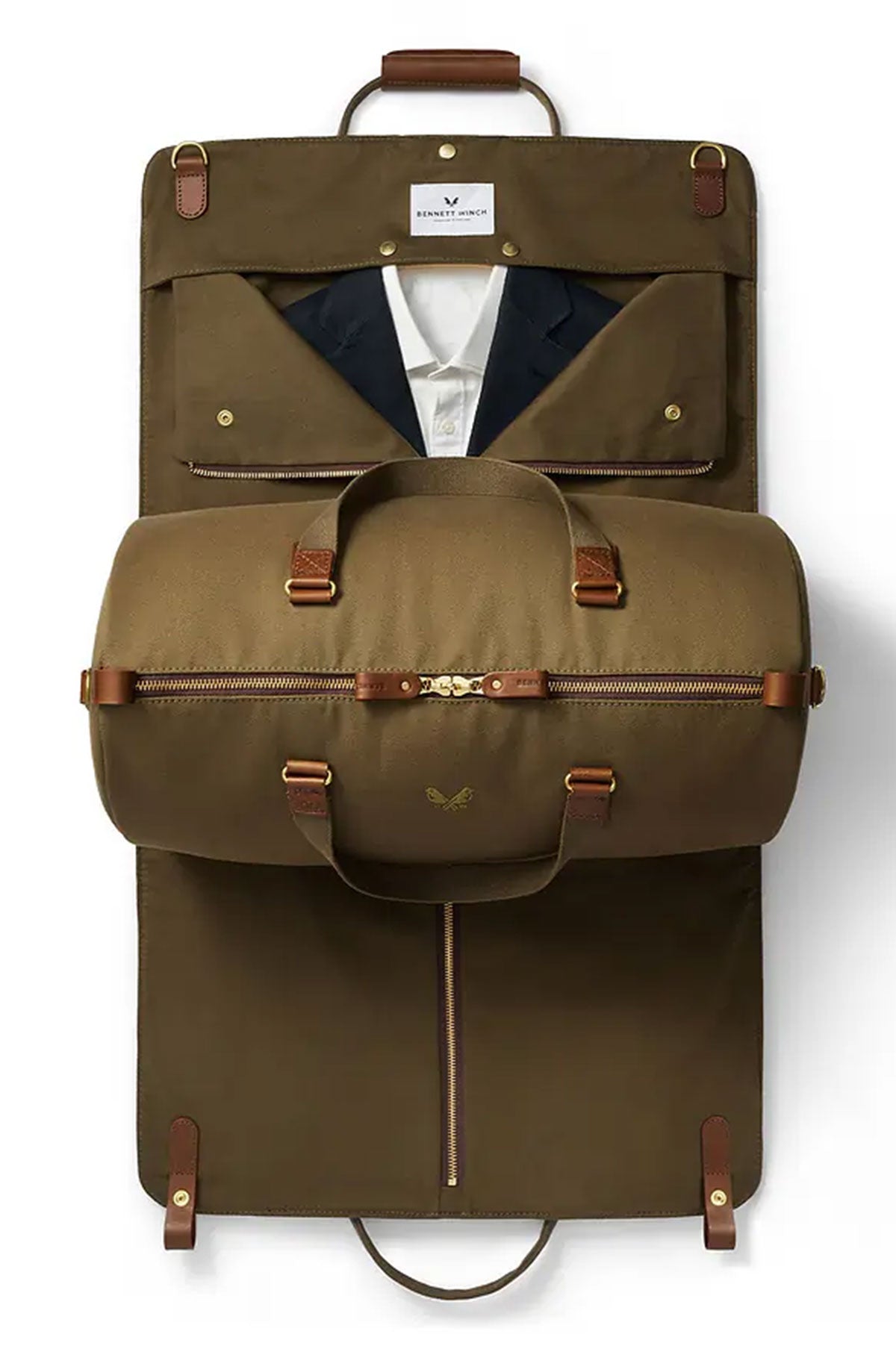 Olive green Bennett Winch suit carrier holdall in Ardentes Clipei maroquinerie style, designed for easy garment transportation.