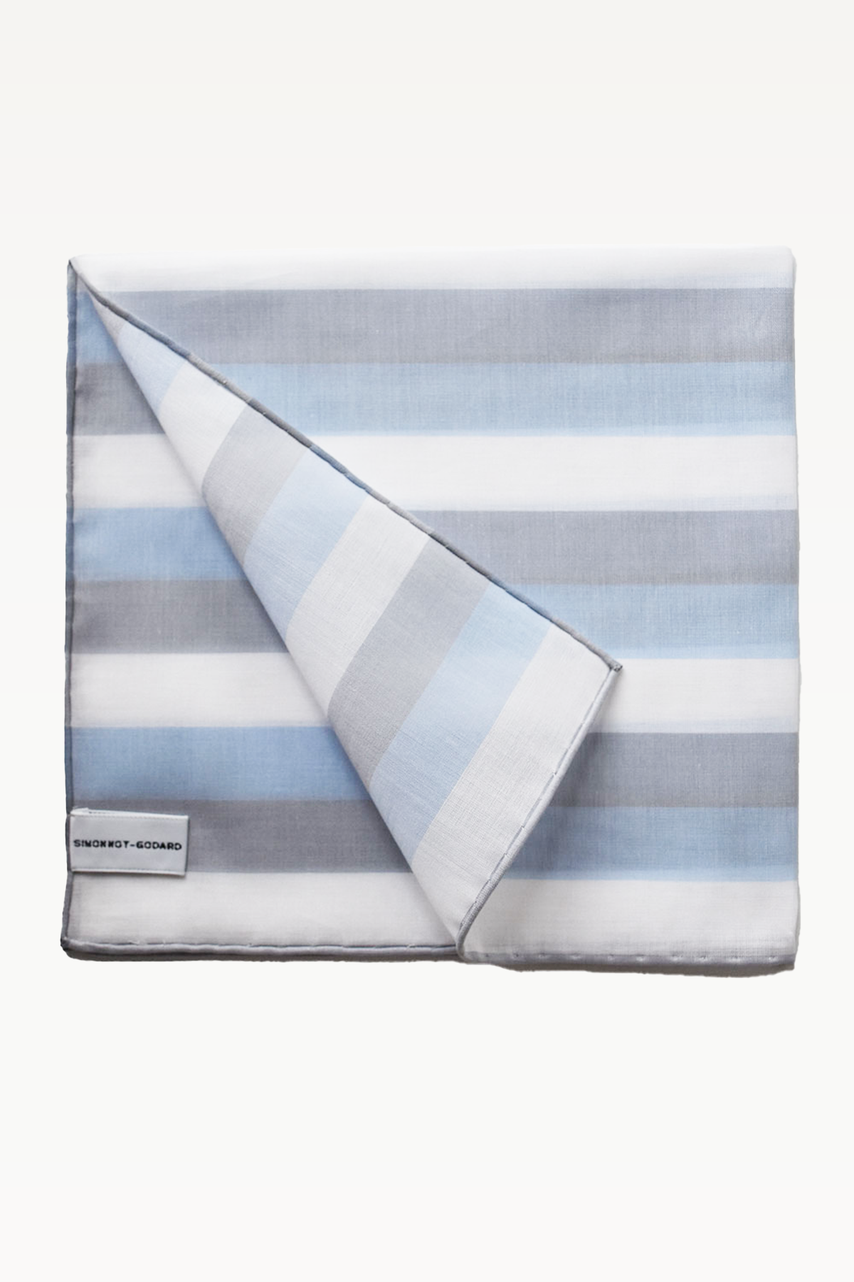 White pochette with blue stripes by Simonnot Godard, featuring a sleek design perfect for elegant occasions.