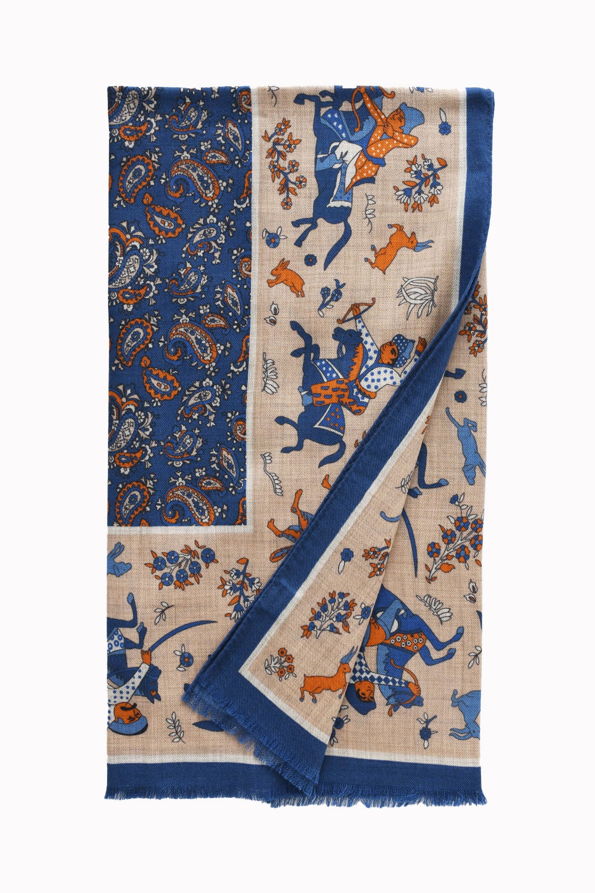 Écharpe Beige Bleu à Motif Chasseur Mongol et Paisley – Ardentes Clipei