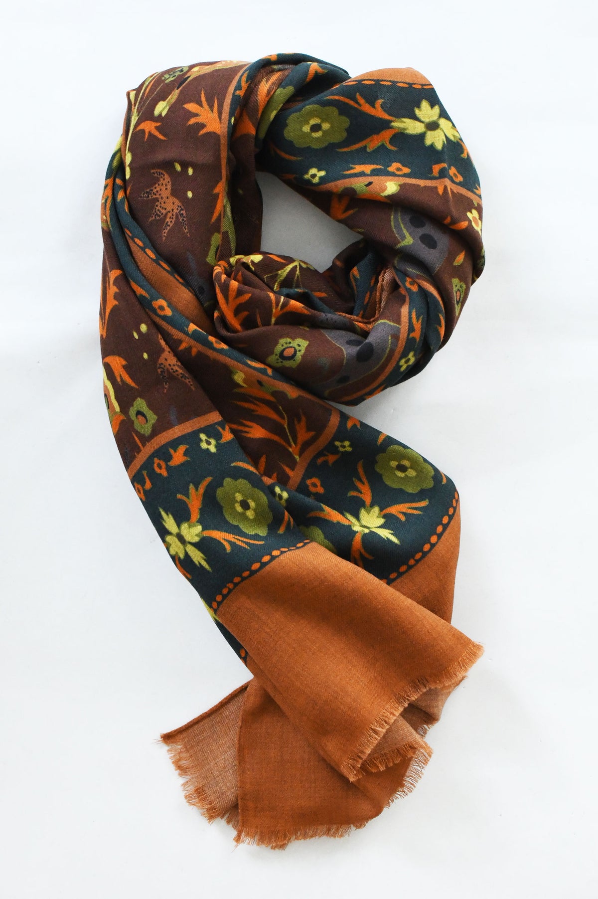Écharpe orange vert à motifs chasseur mongol – Ardentes Clipei