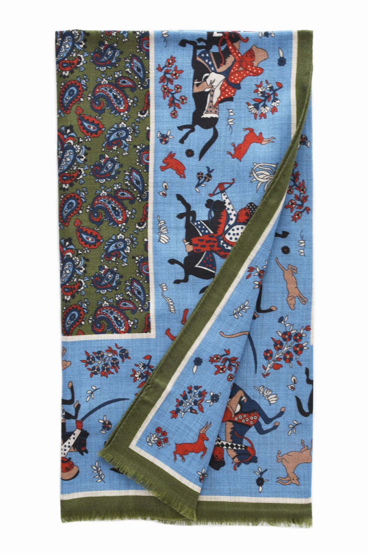 Écharpe Bleu Vert à Motif Chasseur Mongol et Paisley – Ardentes Clipei
