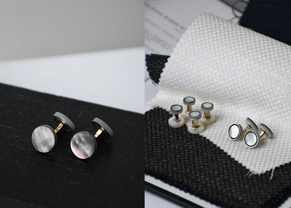 Collection boutons de manchette et studs homme – nacre, laque et métal – Ardentes Clipei Paris x Samuel Gassmann