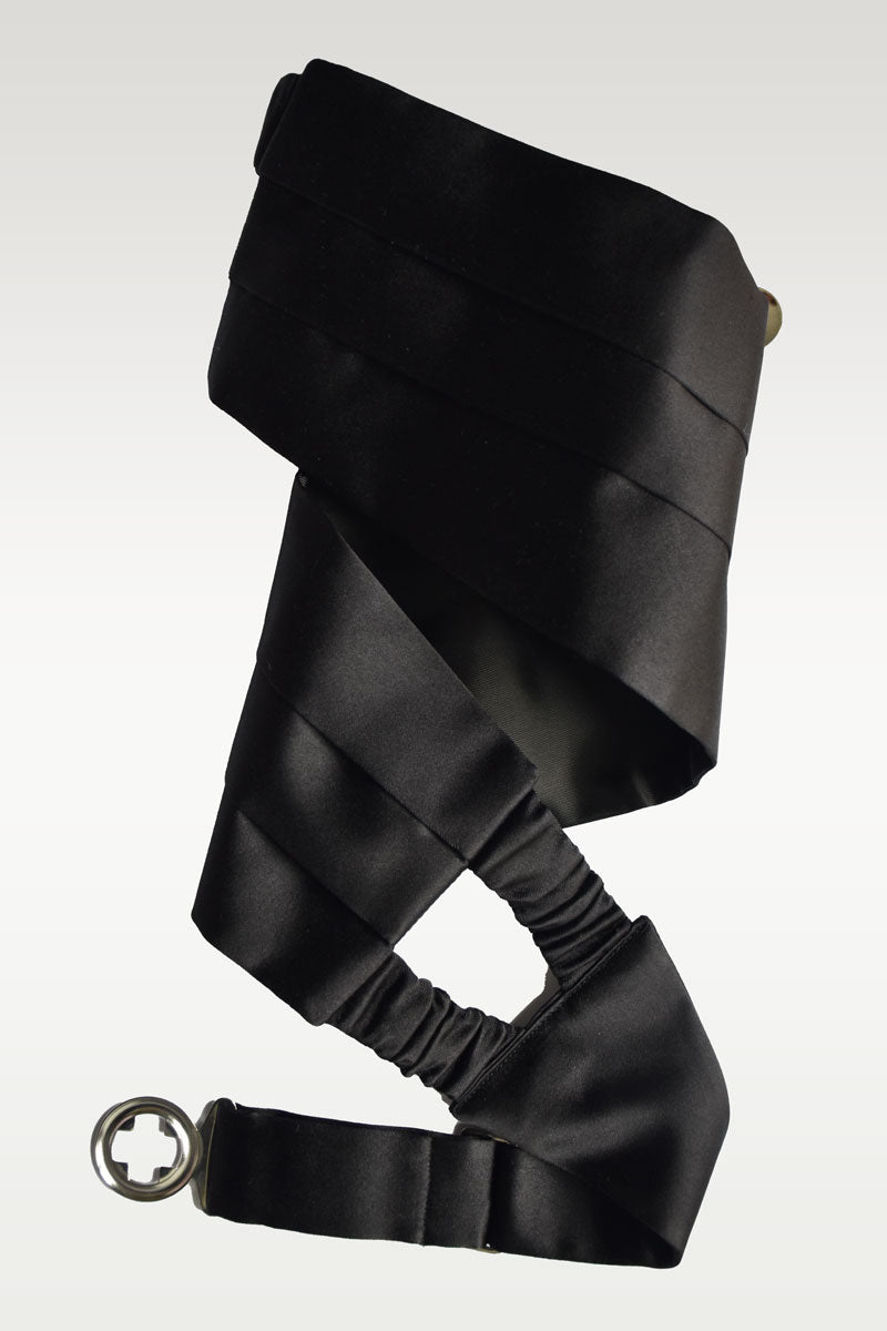 Black silk smoking belt by Ardentes Clipei, featuring elegant design and sleek finish, perfect for formal evening attire.