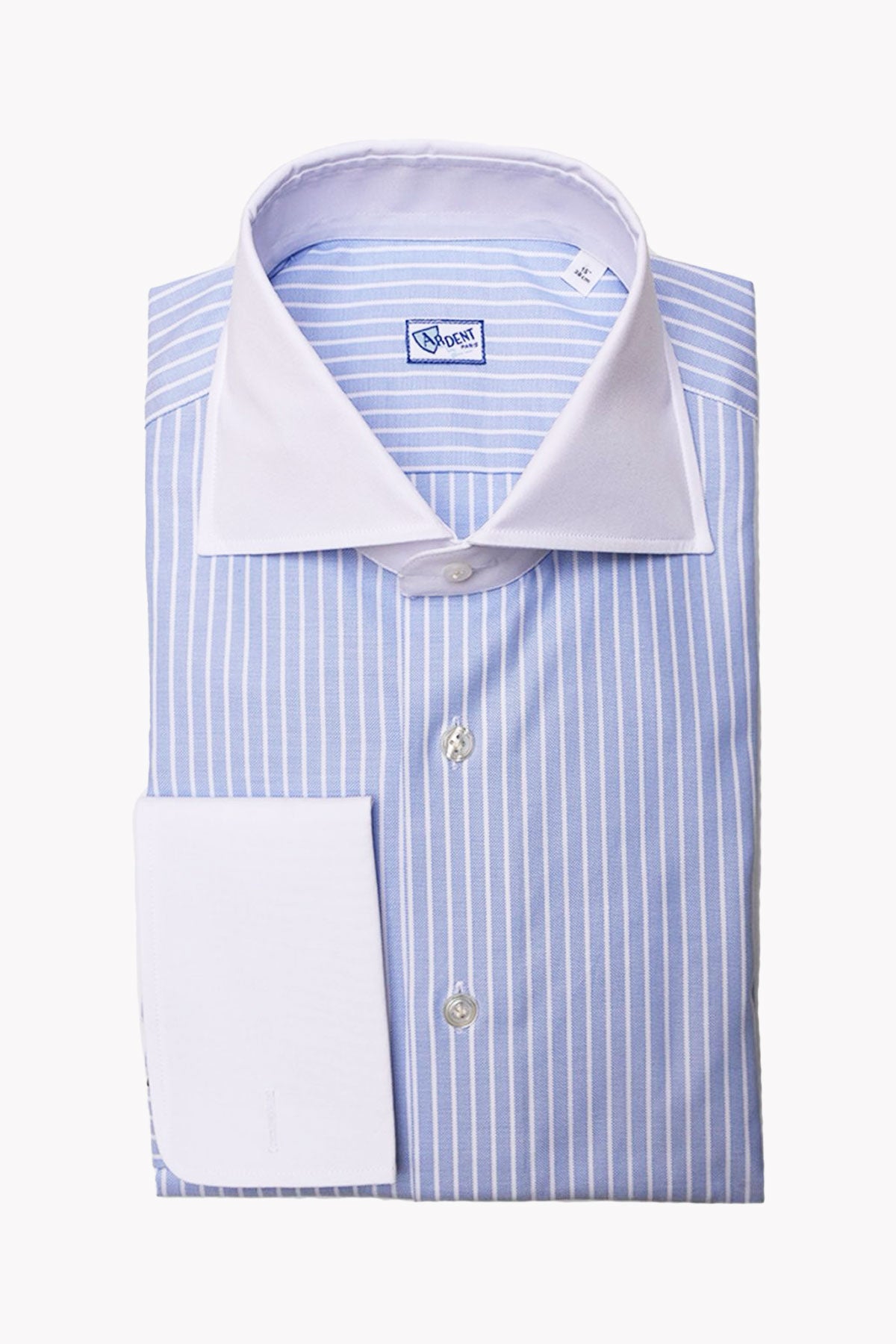 Blue striped Chemise with contrasting collar and cuffs by Ardentes Clipei, featuring classic button-up style and tailored fit.