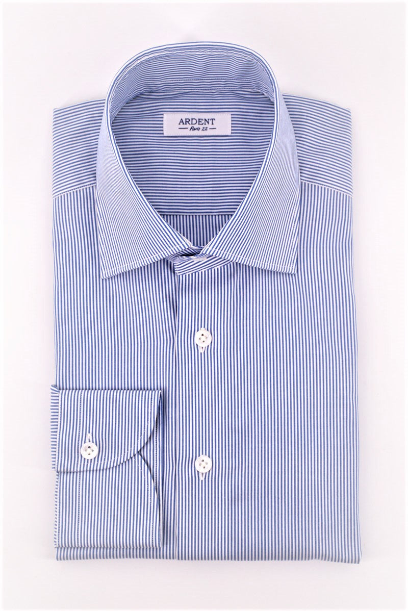 Blue striped poplin chemise with classic collar by Ardentes Clipei, featuring a tailored fit and button front.