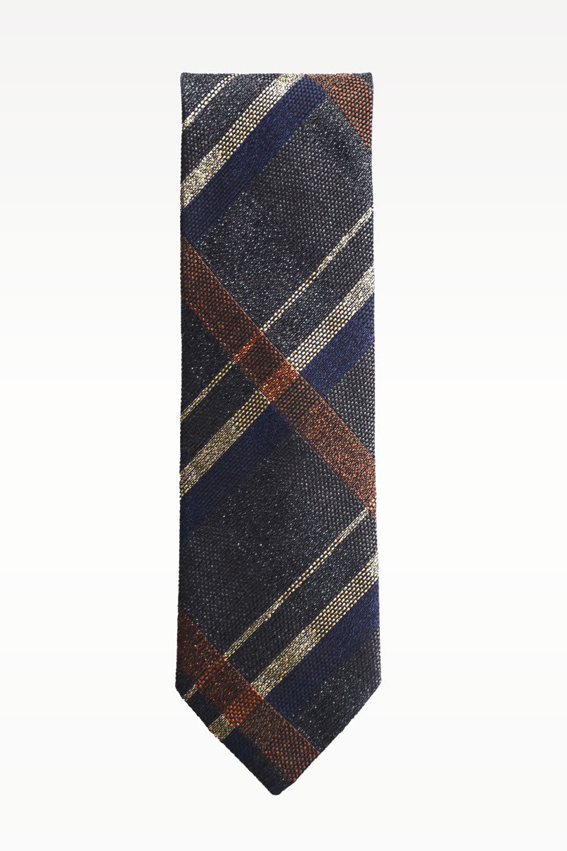 Blue, gray, and rust plaid tie by Ardentes Clipei, featuring a classic square pattern and elegant fabric.