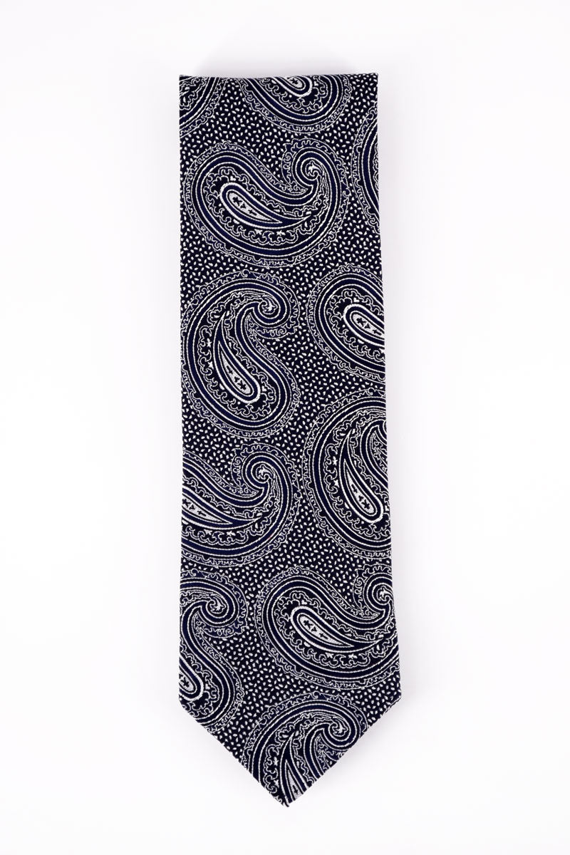 Dark blue paisley tie by Ardentes Clipei, featuring intricate paisley pattern perfect for formal or stylish occasions.