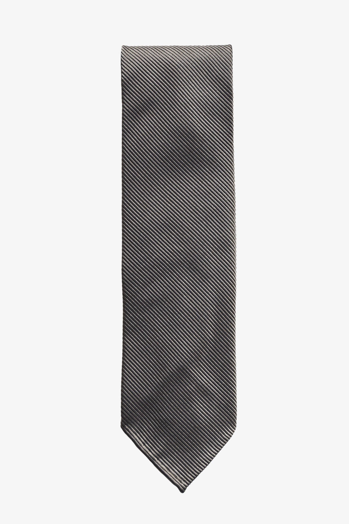 Gray silk twill tie with subtle branding details, stylish and elegant for formal or professional wear.