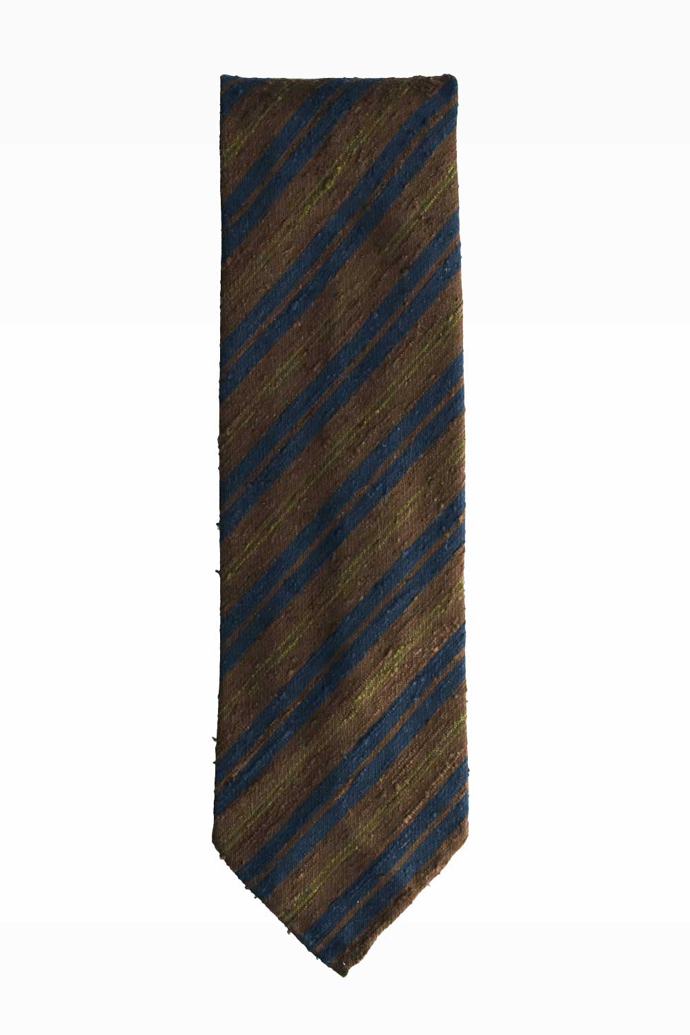 Dark brown, blue, and green shantung silk tie by Ardentes Clipei, featuring a textured, elegant cravate design.