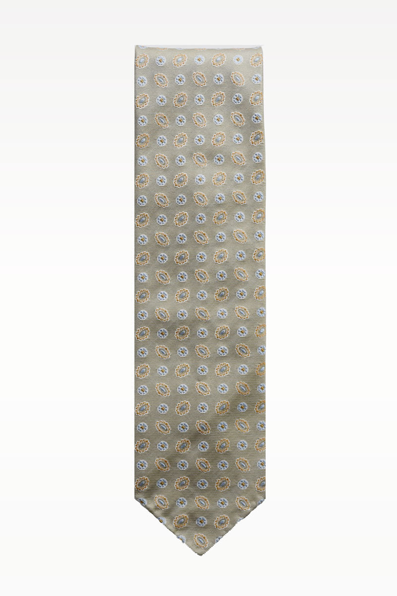 Olive green silk jacquard tie with floral motif by Ardentes Clipei, showcasing intricate woven pattern and elegant design.