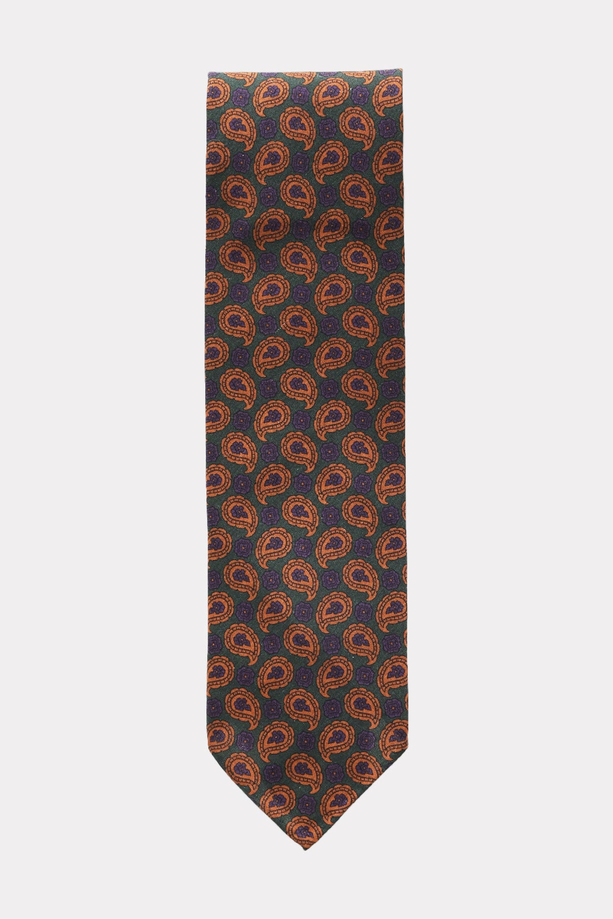 Green paisley patterned tie by Ardentes Clipei featuring a rust-colored design, stylish accessory for formal or casual wear.