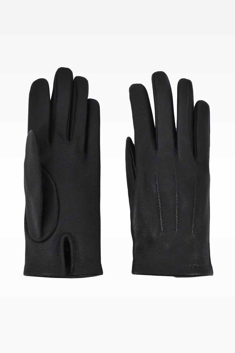Pair of black grain leather gloves by Ardentes Clipei, featuring a sleek design and fine stitching on soft goat leather.