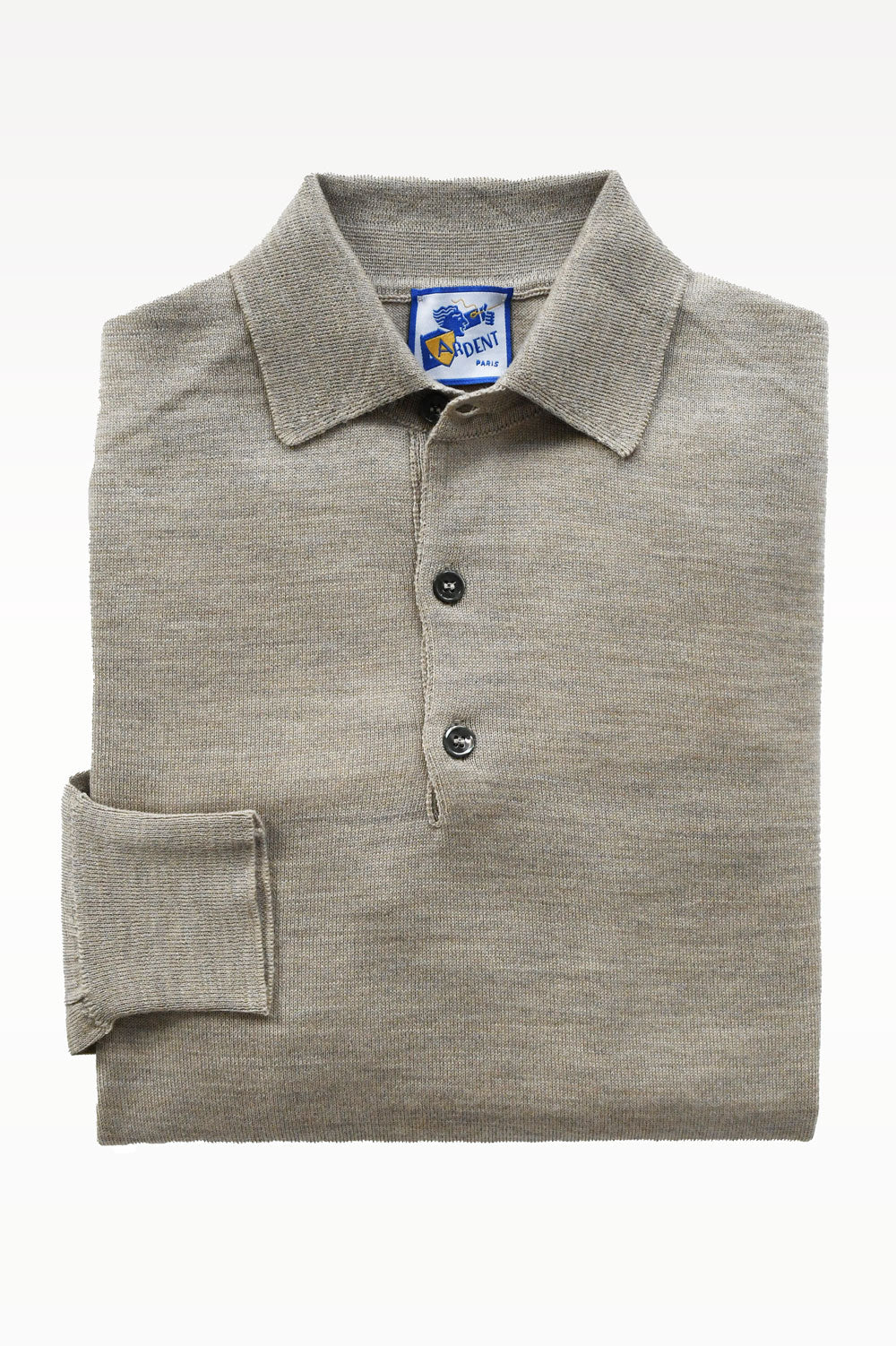 Beige mixed merino wool polo collar knit sweater by Ardentes Clipei, showing close-up of textured wool fabric and classic polo design.