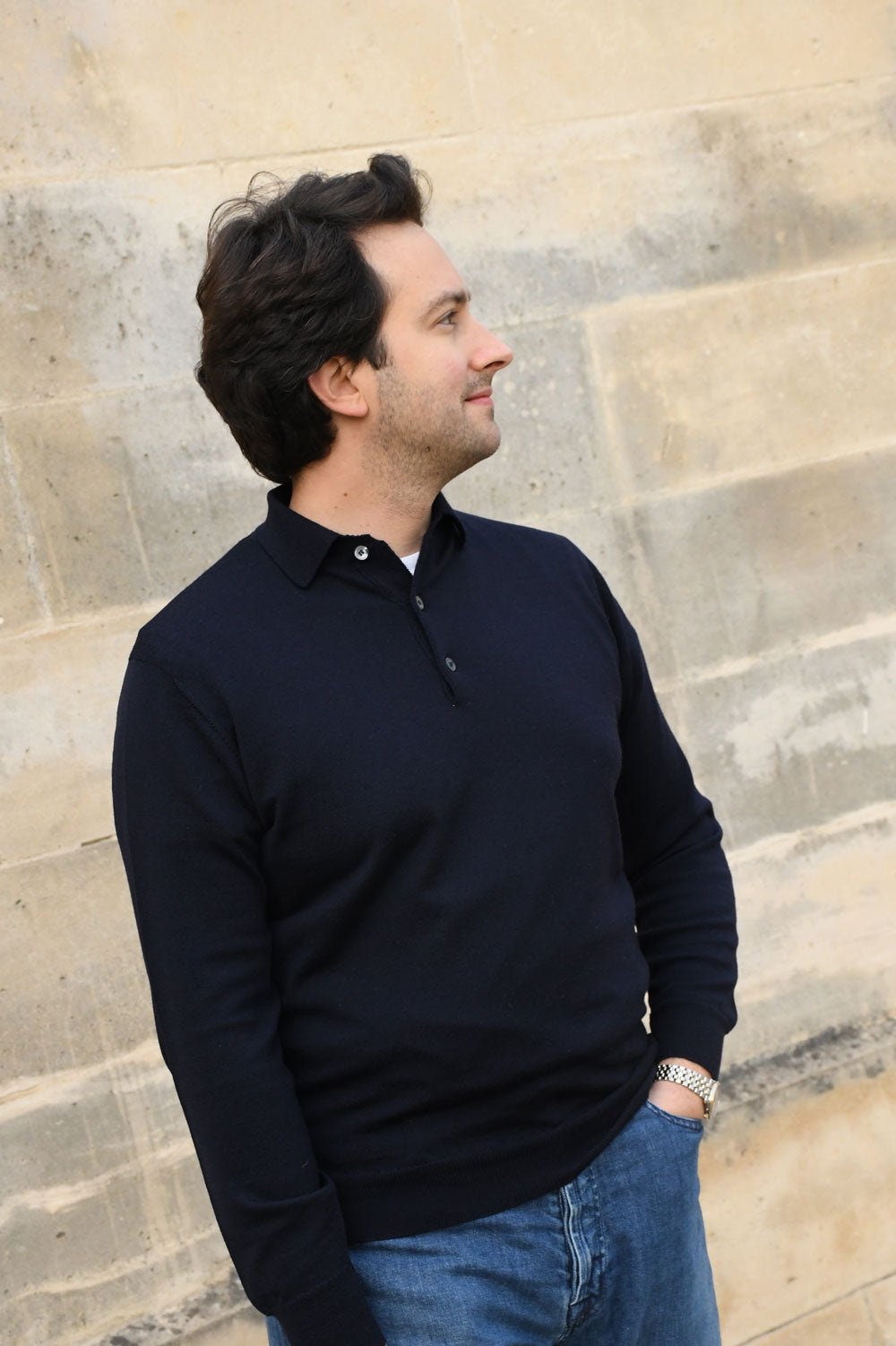 Blue marine merino wool polo collar sweater by Ardentes Clipei, close-up of the soft knit fabric and classic style.