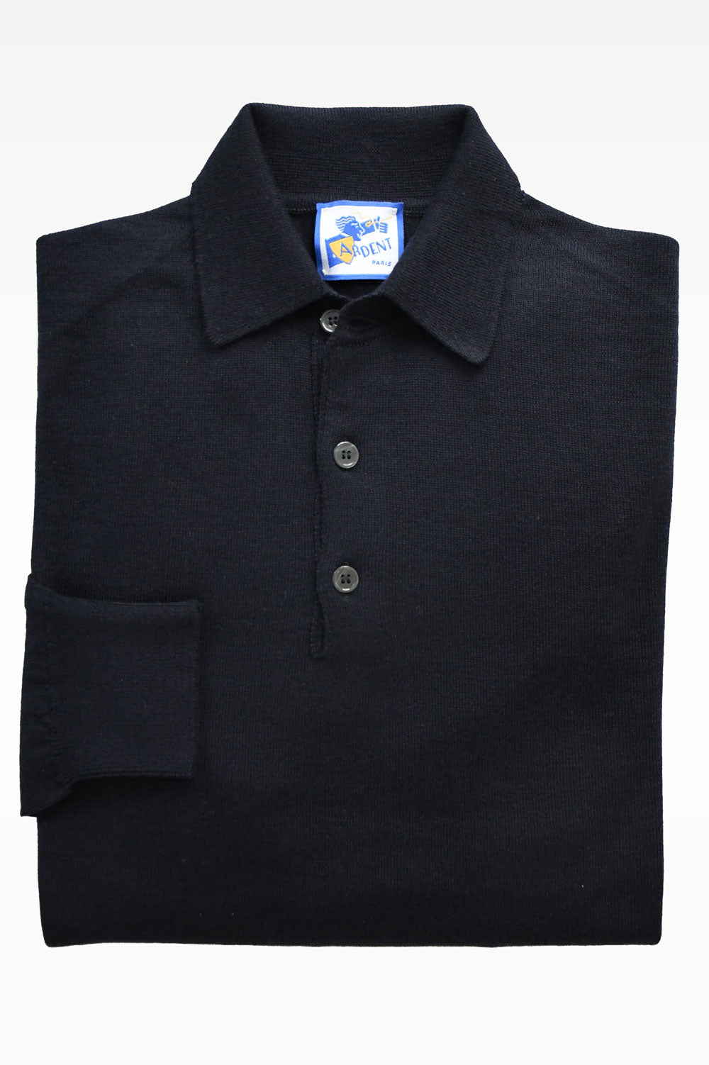 Blue marine merino wool polo collar sweater by Ardentes Clipei, showcasing the fine knit and classic style.