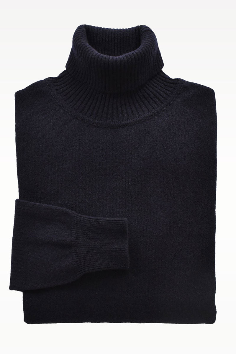 Blue navy wool turtle neck sweater from Ardentes Clipei, made of lamb's wool, featuring a cozy, fitted knit design.