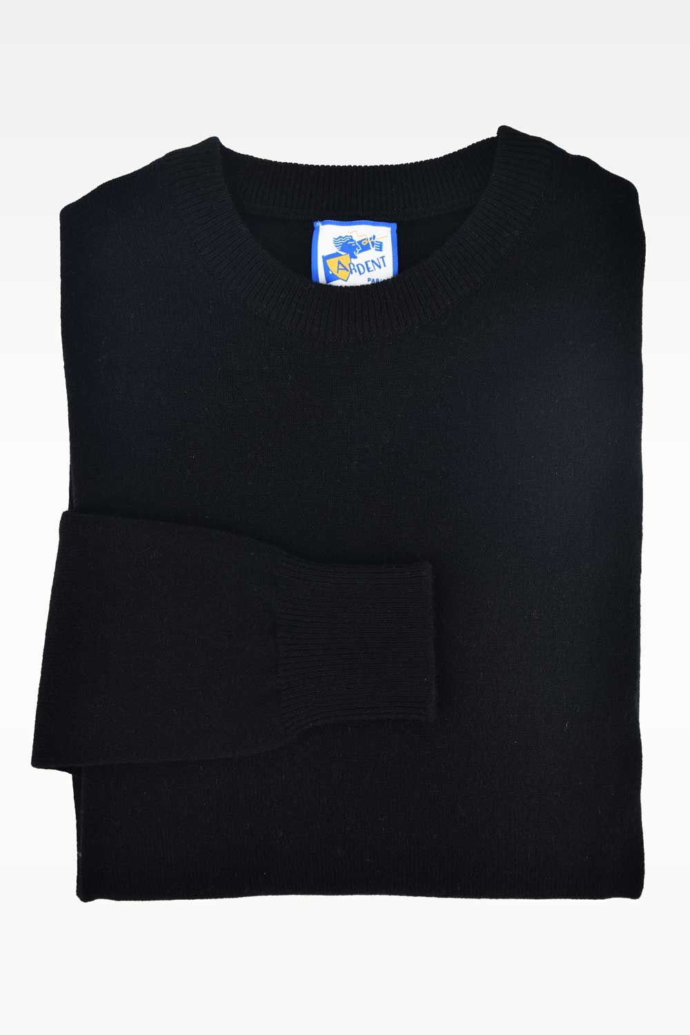 Black wool round neck sweater by Ardentes Clipei, featuring soft lamb's wool knit, close-up of fabric and neckline.