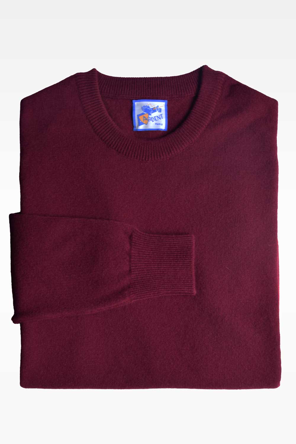 Red wool crew neck sweater by Ardentes Clipei, featuring a classic round collar and soft lamb's wool material.