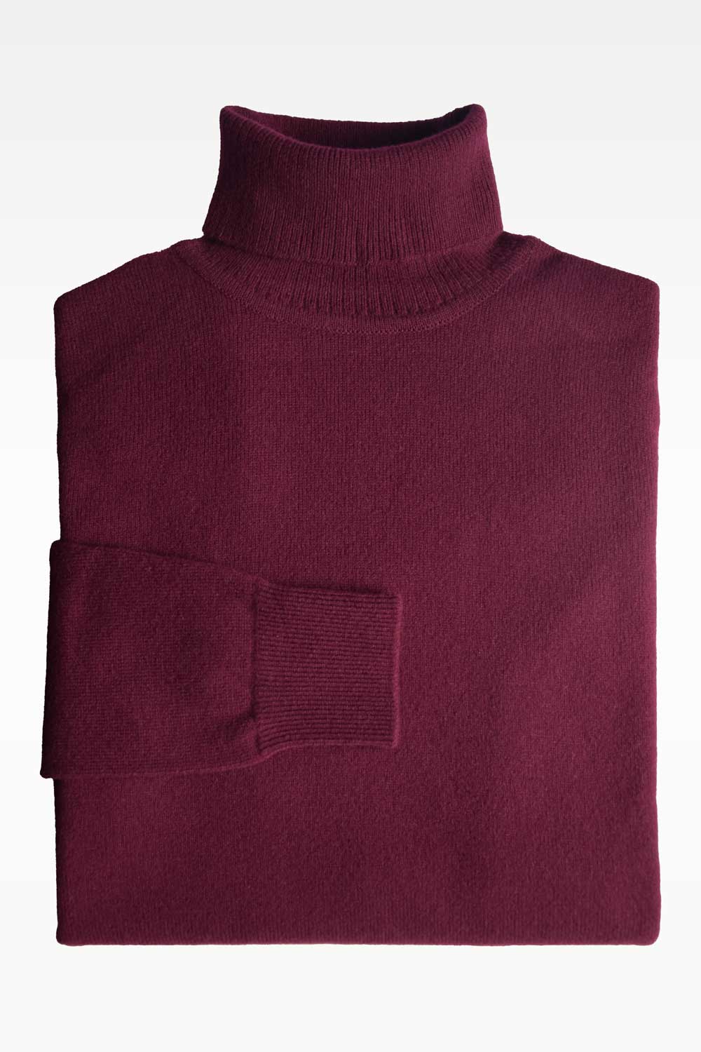 Red wool turtleneck sweater from Ardentes Clipei, made of lamb's wool, displayed in a close-up shot.