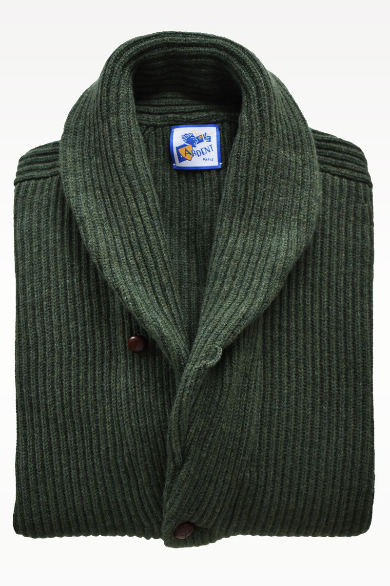 Light green Ardentes Clipei cardigan with a shawl collar, made of soft knit fabric, shown on a white background.
