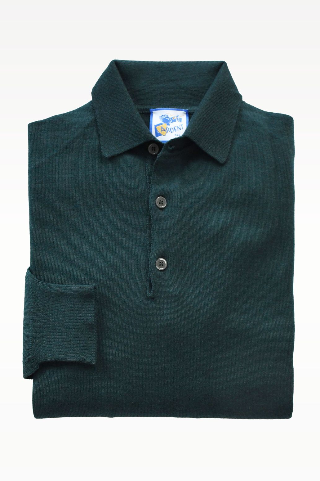 Green merino wool polo collar sweater by Ardentes Clipei, showing close-up of the forest green knit fabric and collar detail.