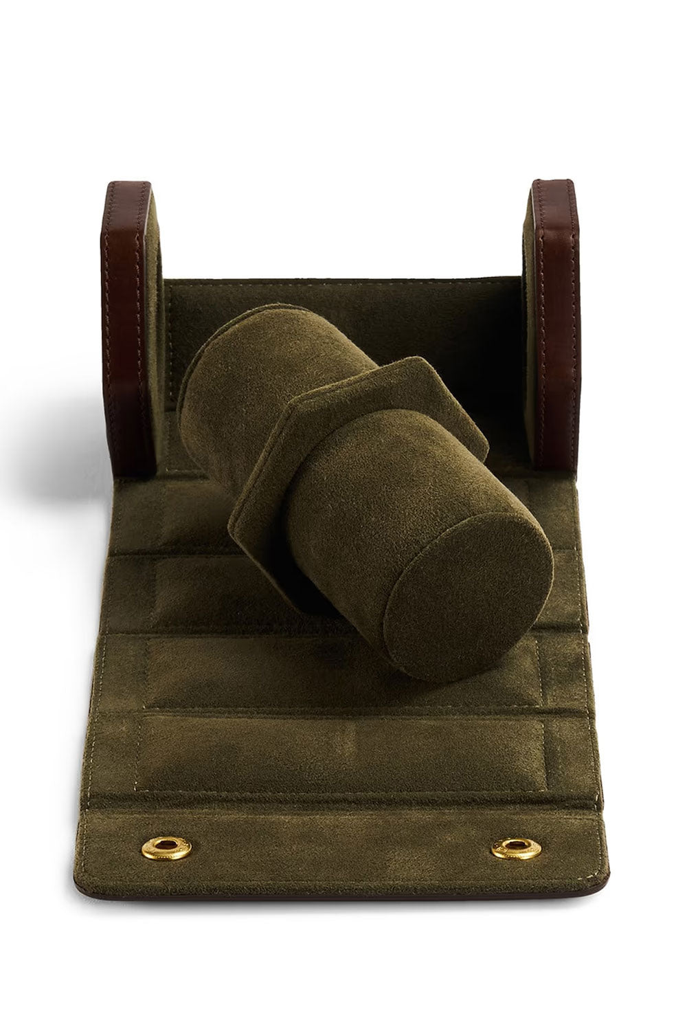 Brown leather double watch roll by Bennett Winch for storing and protecting two watches in a stylish maroquinerie case.