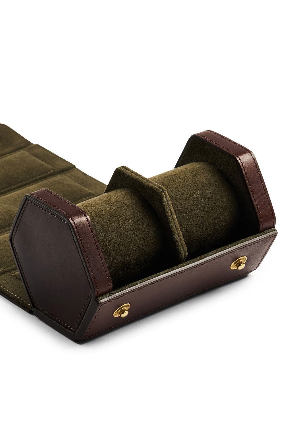Brown double watch roll from Bennett Winch, made of leather, with compartments for storing and protecting watches.