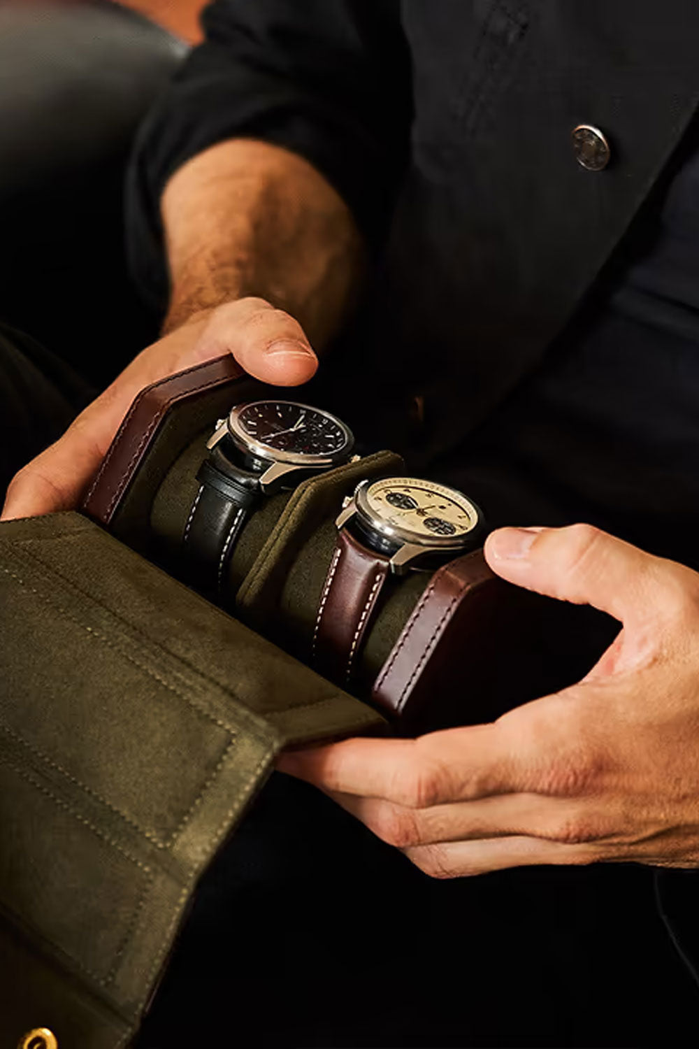 Brown double watch roll by Bennett Winch, crafted by Ardentes Clipei, with soft leather interior and storage compartments for watches.