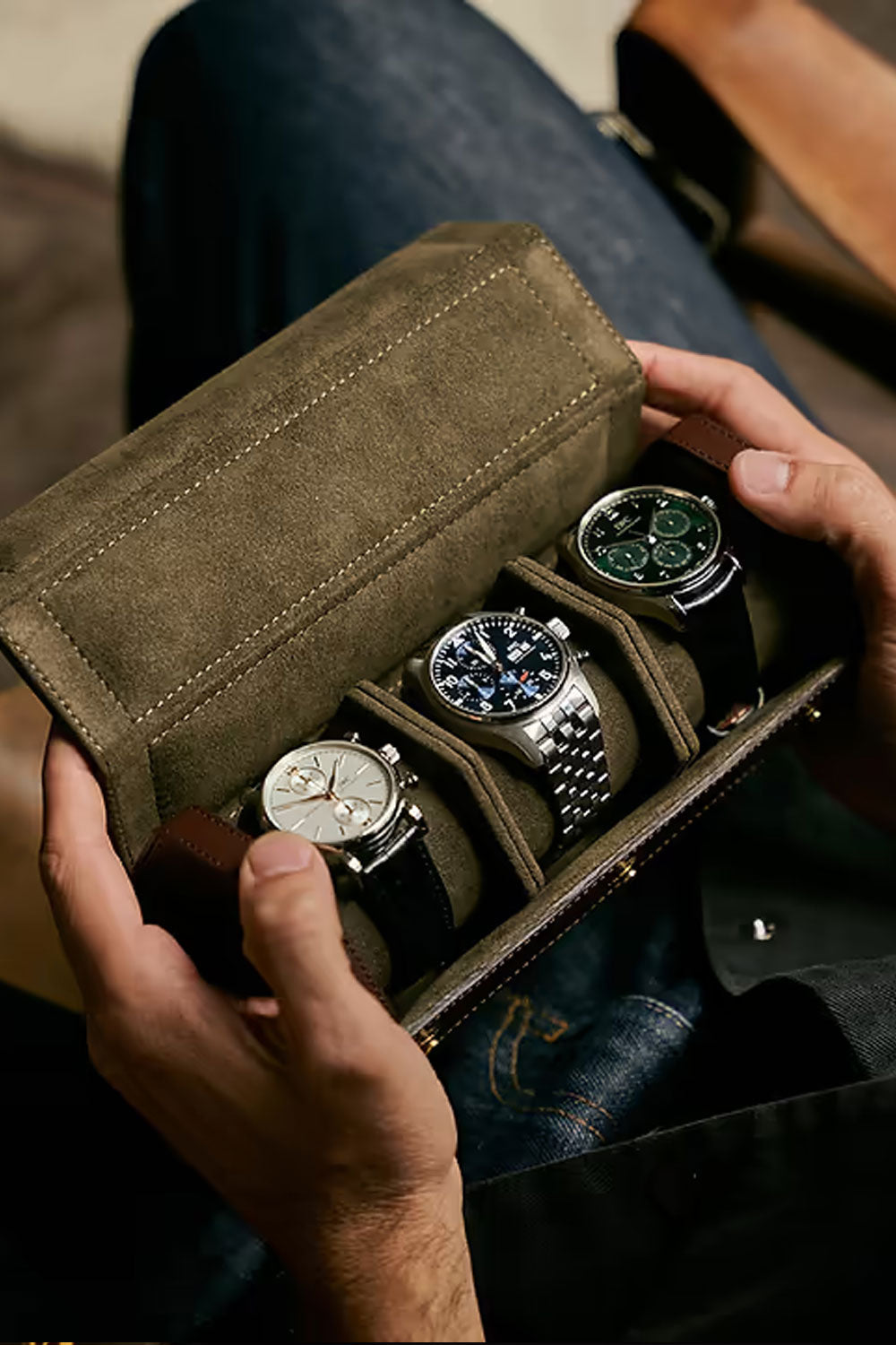 Brown triple watch roll by Bennett Winch, crafted from high-quality leather, designed for safe storage of multiple watches.