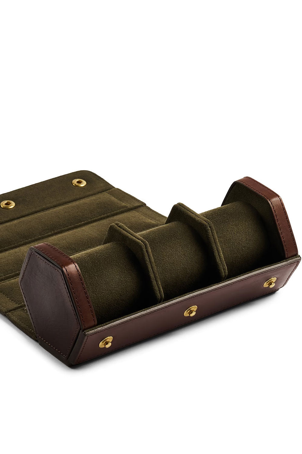 Brown leather triple watch roll by Bennett Winch for storing and protecting multiple watches in a stylish maroquinerie case.