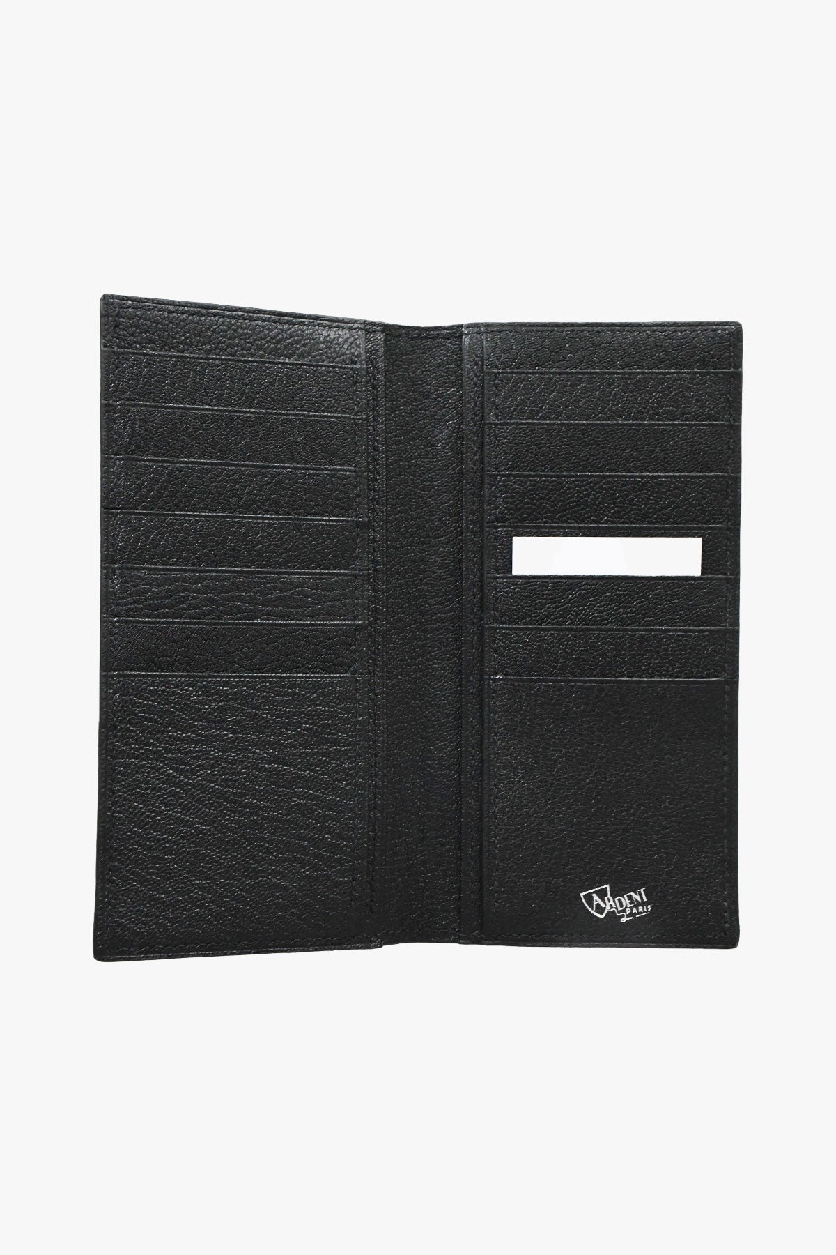 Black grainy goat leather wallet by Ardentes Clipei, featuring a sleek, compact design in high-quality maroquinerie style.