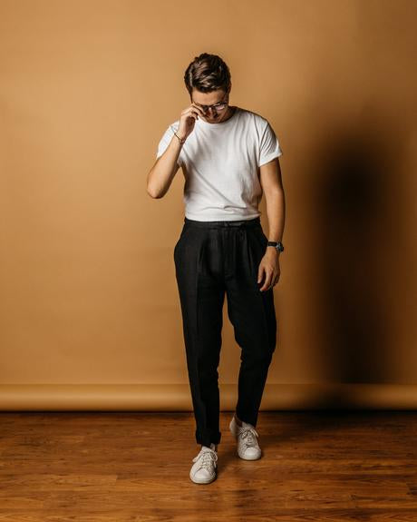 Ardentes Clipei black linen drawstring casual pants, Irish-inspired, relaxed fit, soft fabric, stylish for everyday wear.