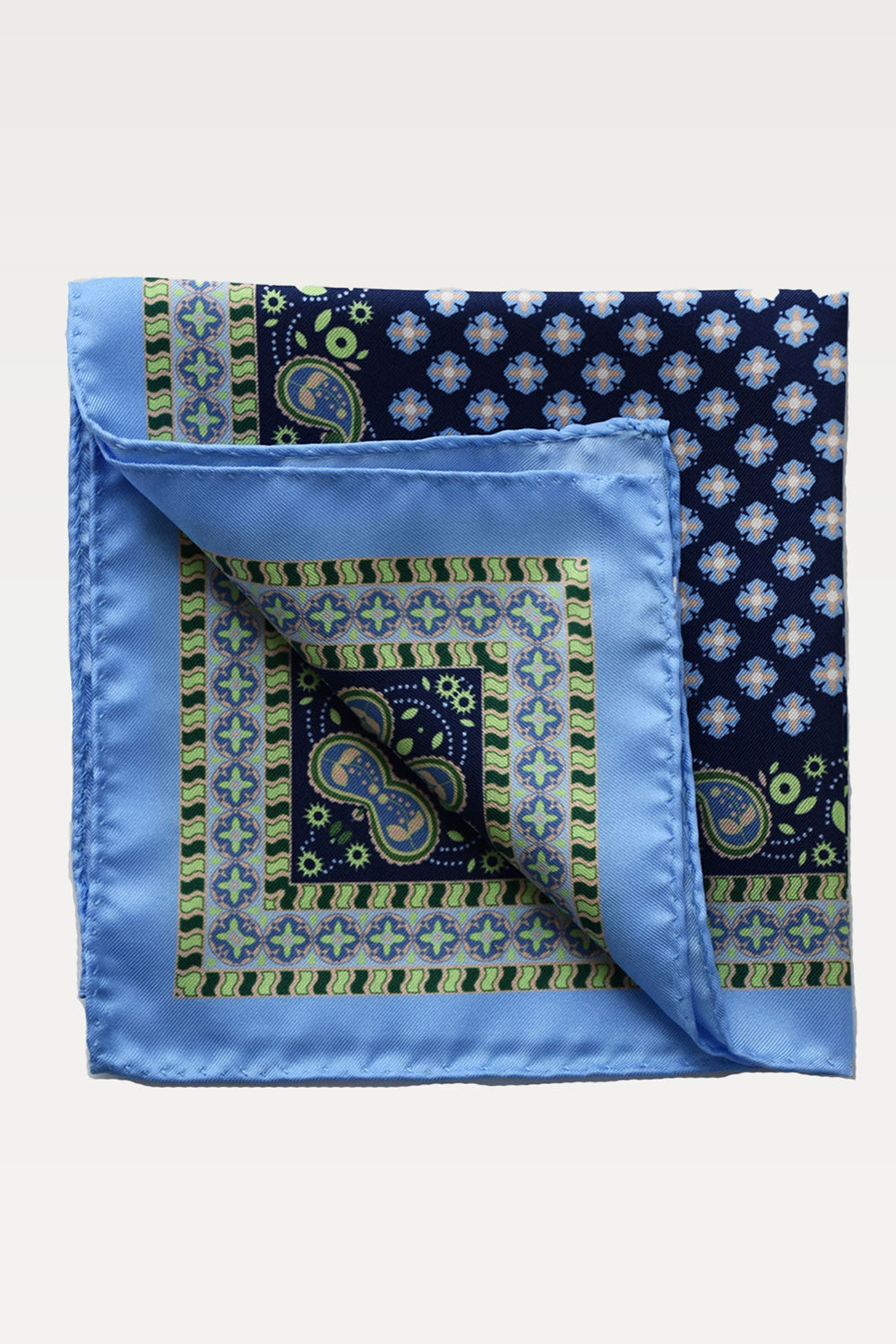 Blue and green floral silk pochette by Ardentes Clipei, featuring a vibrant, elegant design perfect for accessories.
